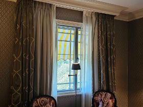 A Pair Of Silk Drapes And Jabots Green And Pattern With Tassel Detail 260 x 274cm (Ref Dorch25)