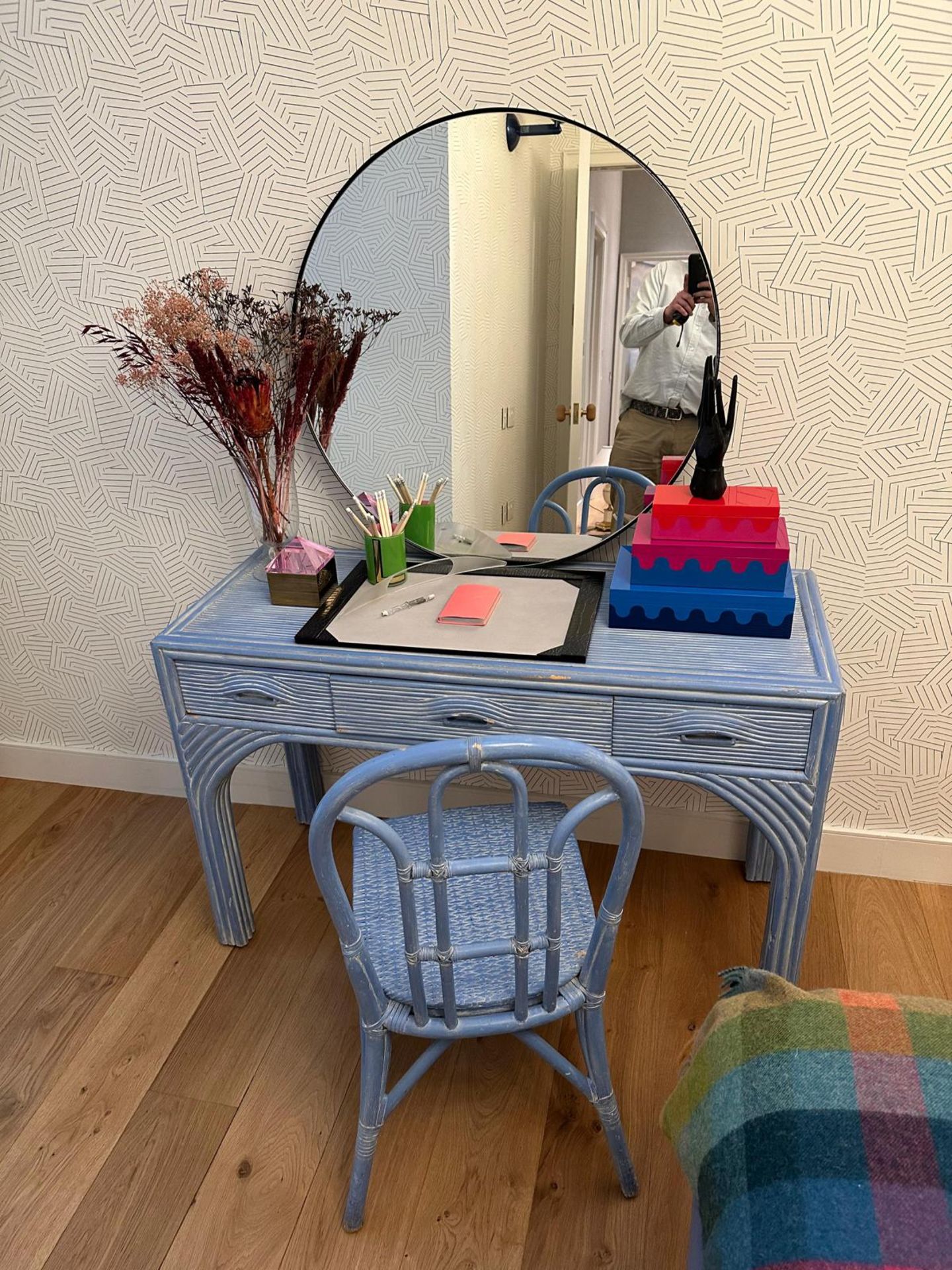 Vintage 1980s French blue desk and chair the desk with three drawers and overall finished in a - Image 5 of 8