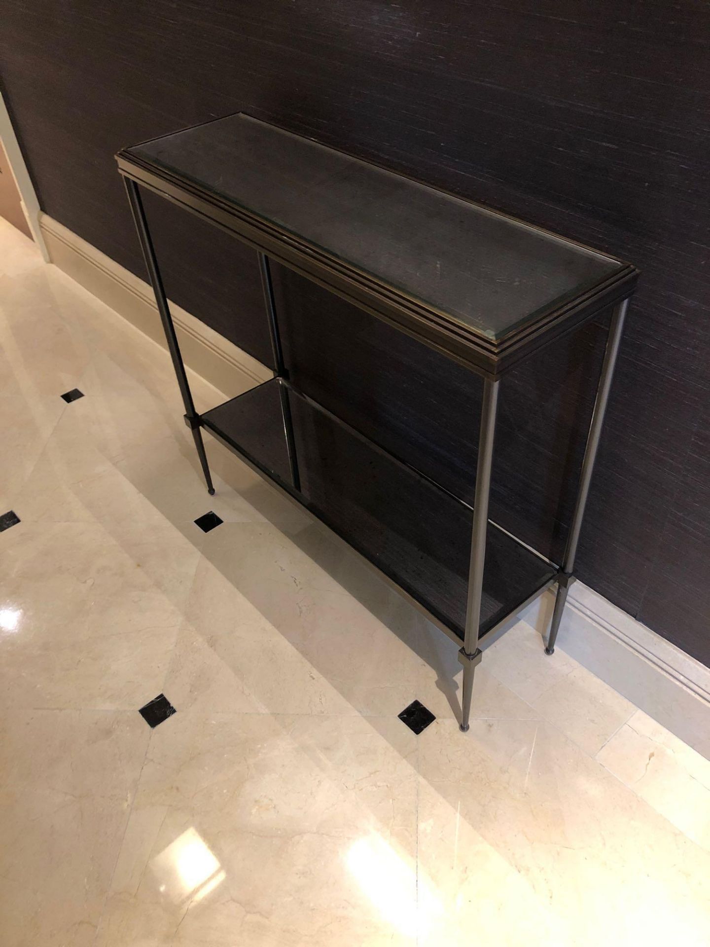 A Two Tier Console Table With Bevelled And Mottled Mirror Tops Mounted On A Bronze Brass Frame 70 - Image 4 of 4