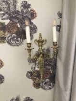 Pair Of English Georgian Style Brass 2 Arm Wall Sconces With Vasiform Backplate