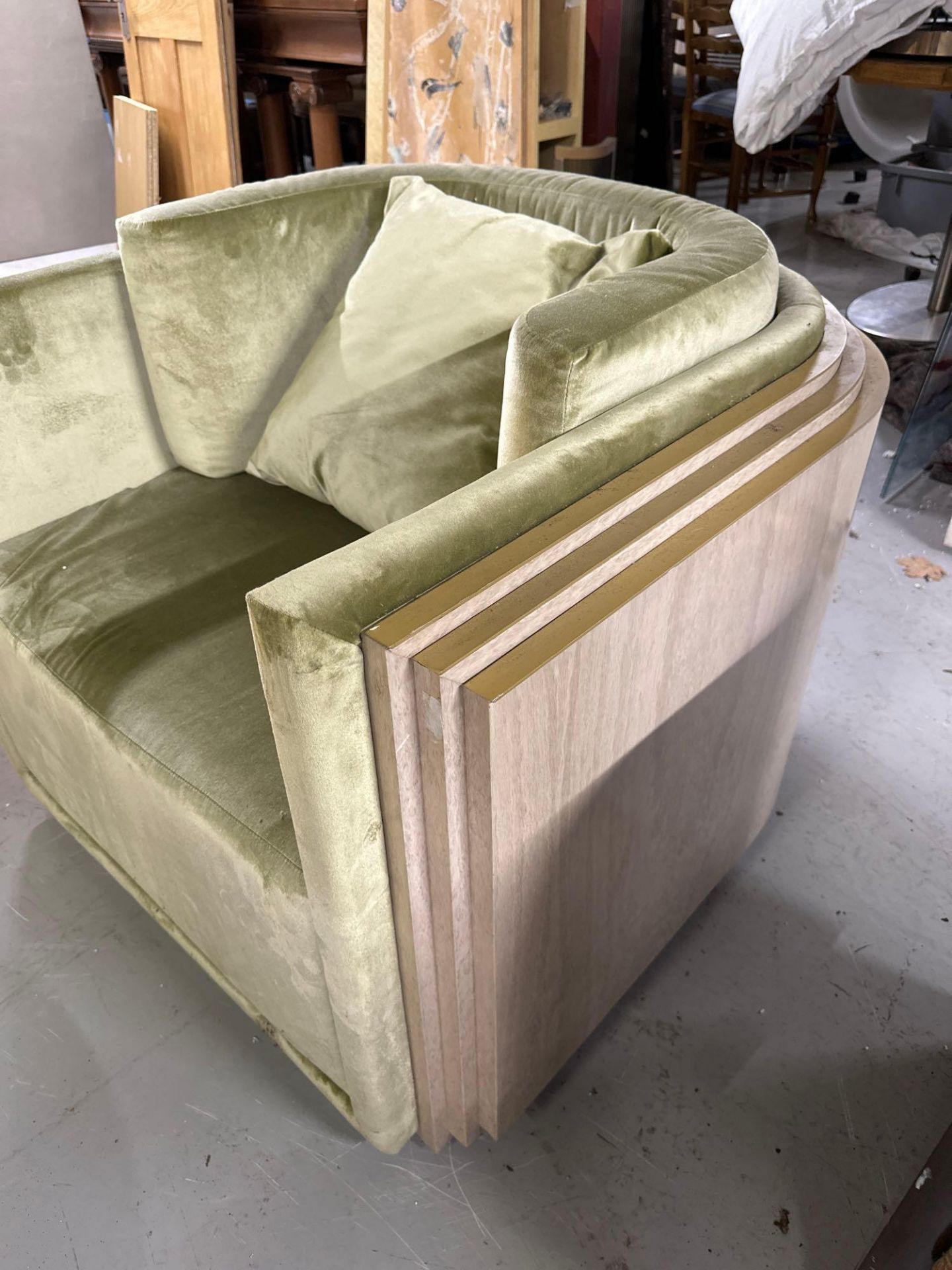 An Art Deco Inspired Armchair With Wrapped Wooden Detail To Back And Sides, Upholstered In Sage - Image 3 of 4