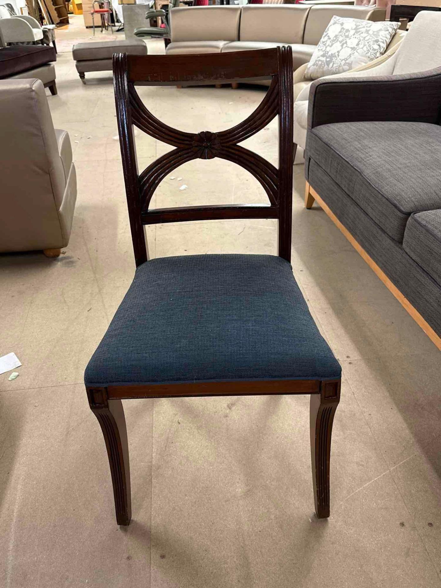A Pair Of Wooden Carved Dining Chair With Upholstered Blue Seat, 48 x 46 x 95cm