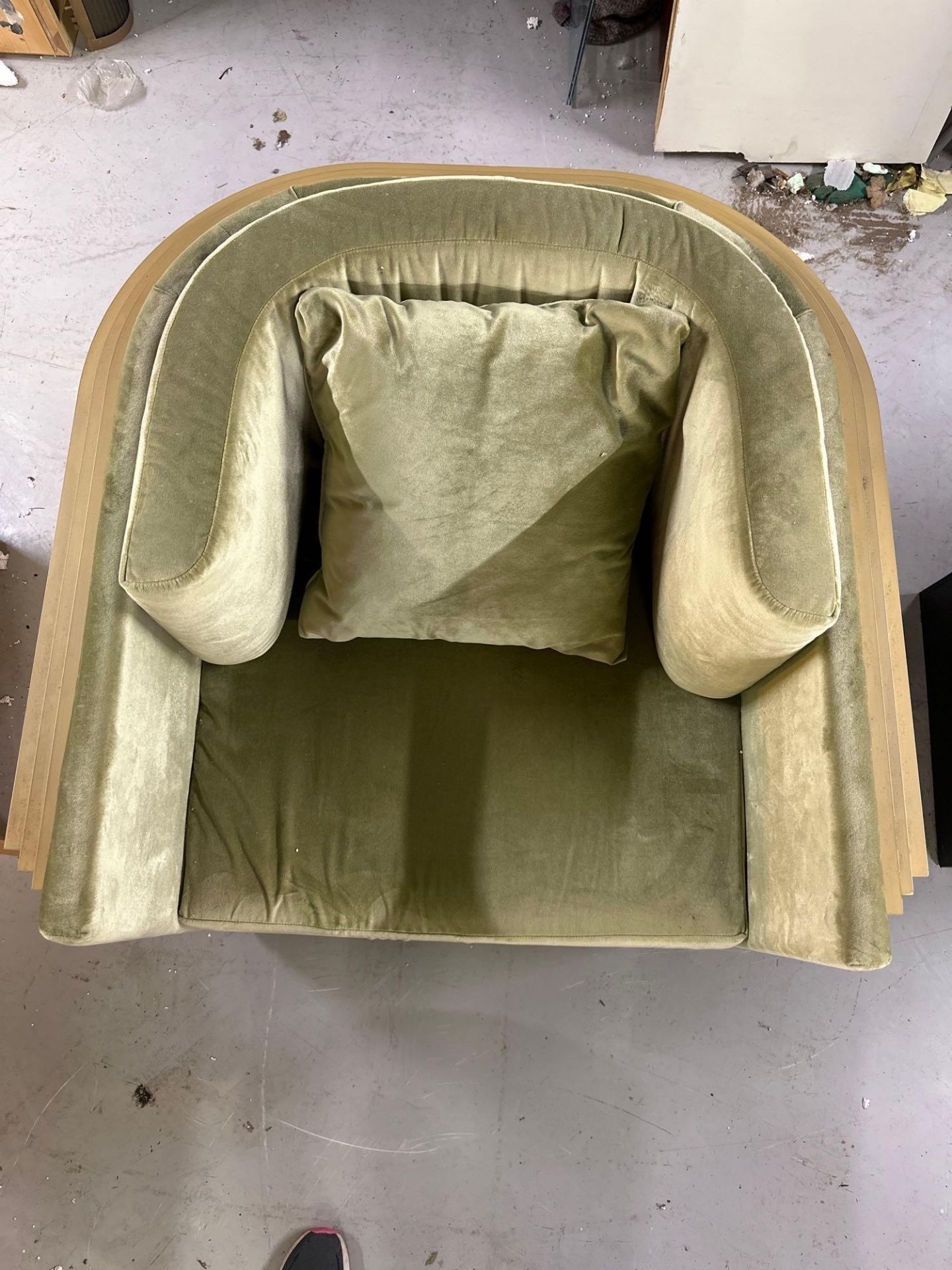 An Art Deco Inspired Armchair With Wrapped Wooden Detail To Back And Sides, Upholstered In Sage - Image 2 of 4