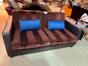 Tuxedo sofa upholstered in burgundy striped velvet this deep 2 seater sofa is wrapped in brown