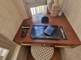 A walnut bespoke designed burled desk with brass trim and single drawer shaped to fit 90 x 18 x 84cm