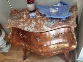 Antique French Louis XV Style Kingwood Bombe Commode Chest  the rouge marble top above 3 graduated