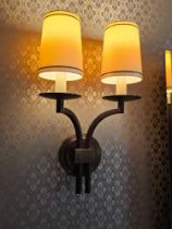 A Pair Of Dernier and Hamlyn twin Arm Antique Bronzed Wall Sconces With Shade 67cm