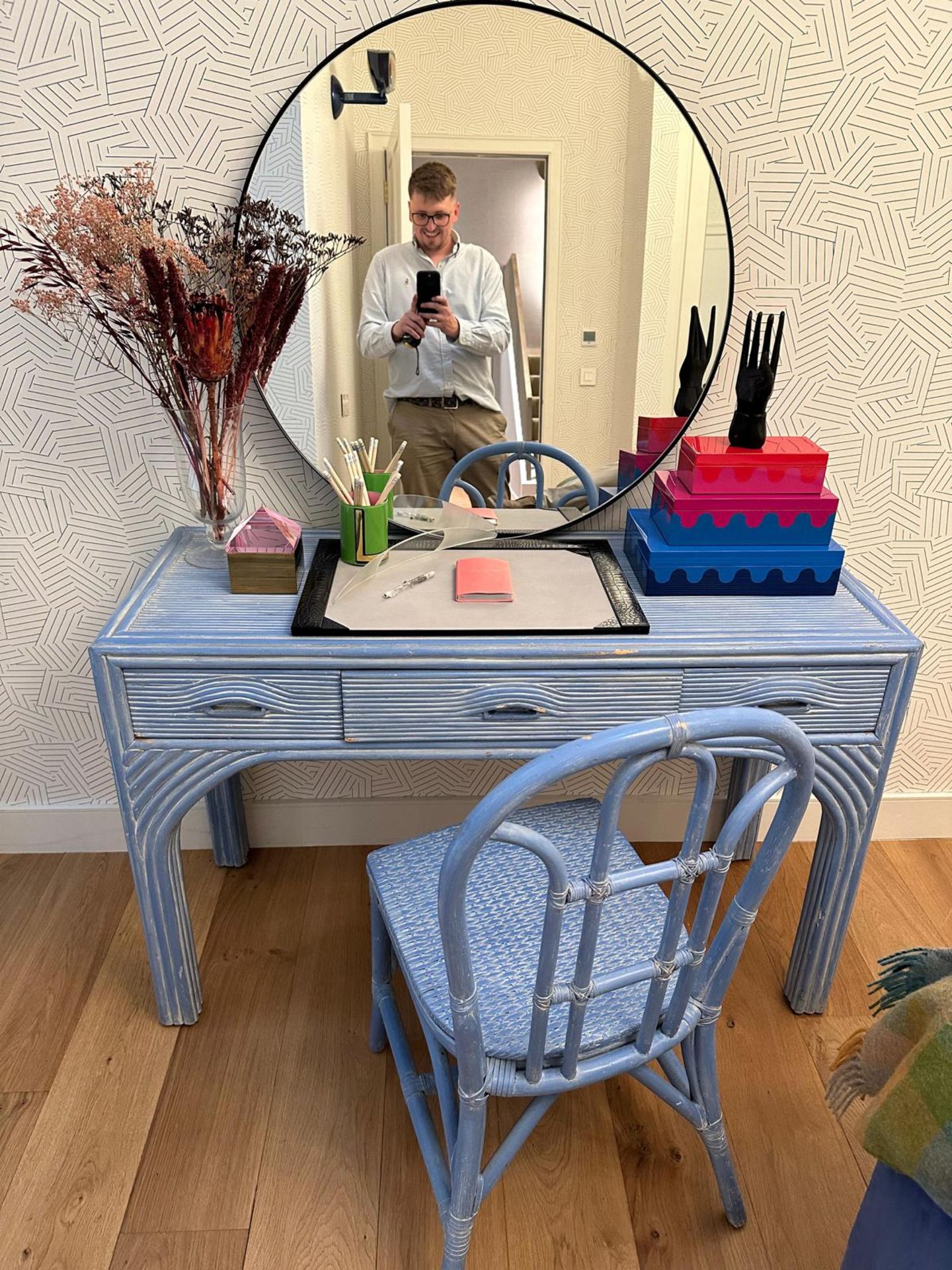Vintage 1980s French blue desk and chair the desk with three drawers and overall finished in a - Image 3 of 8