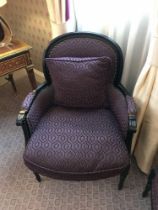 Bergere Chairs Black Wood Frame Upholstered In A Dark Mauve Pattern With Stud Pin Detail 66 x 55 x