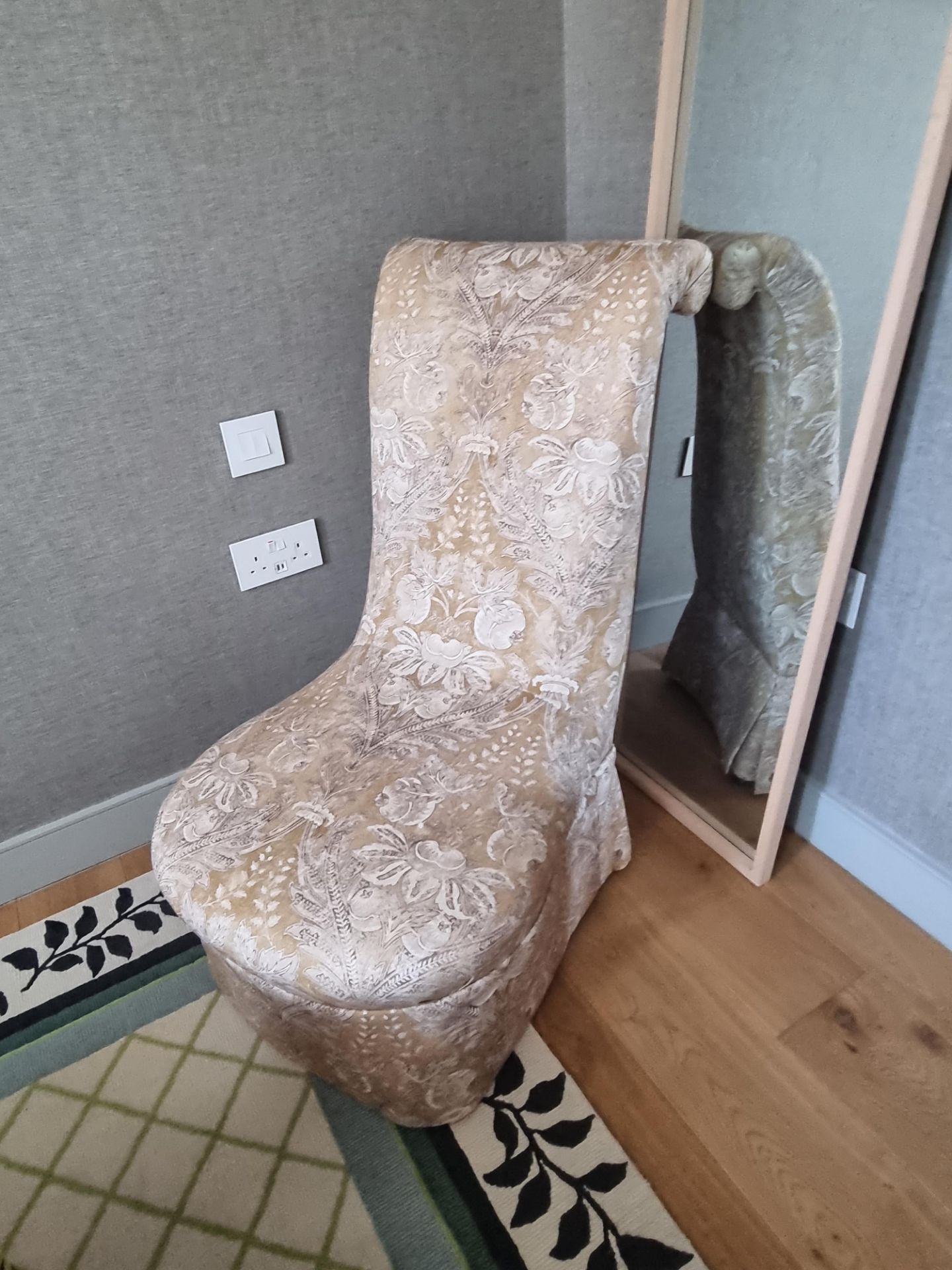 A Victorian Slipper Chair Reupurposed with a Seven Upholstery Damask Slipcover Bedroom Chair   ( - Image 3 of 6