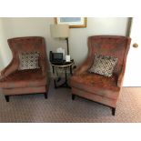 A Pair Of Contemporary Upholstered Wingback Armchairs Red And Grey Silhouette Pattern 77 x 90 x