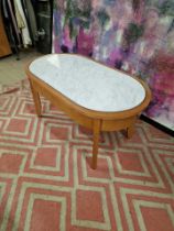 Coffee Table Oak Oval Table With A White Marble Top Inset Enhanced By Silver Metal Trim 100 x 55 x