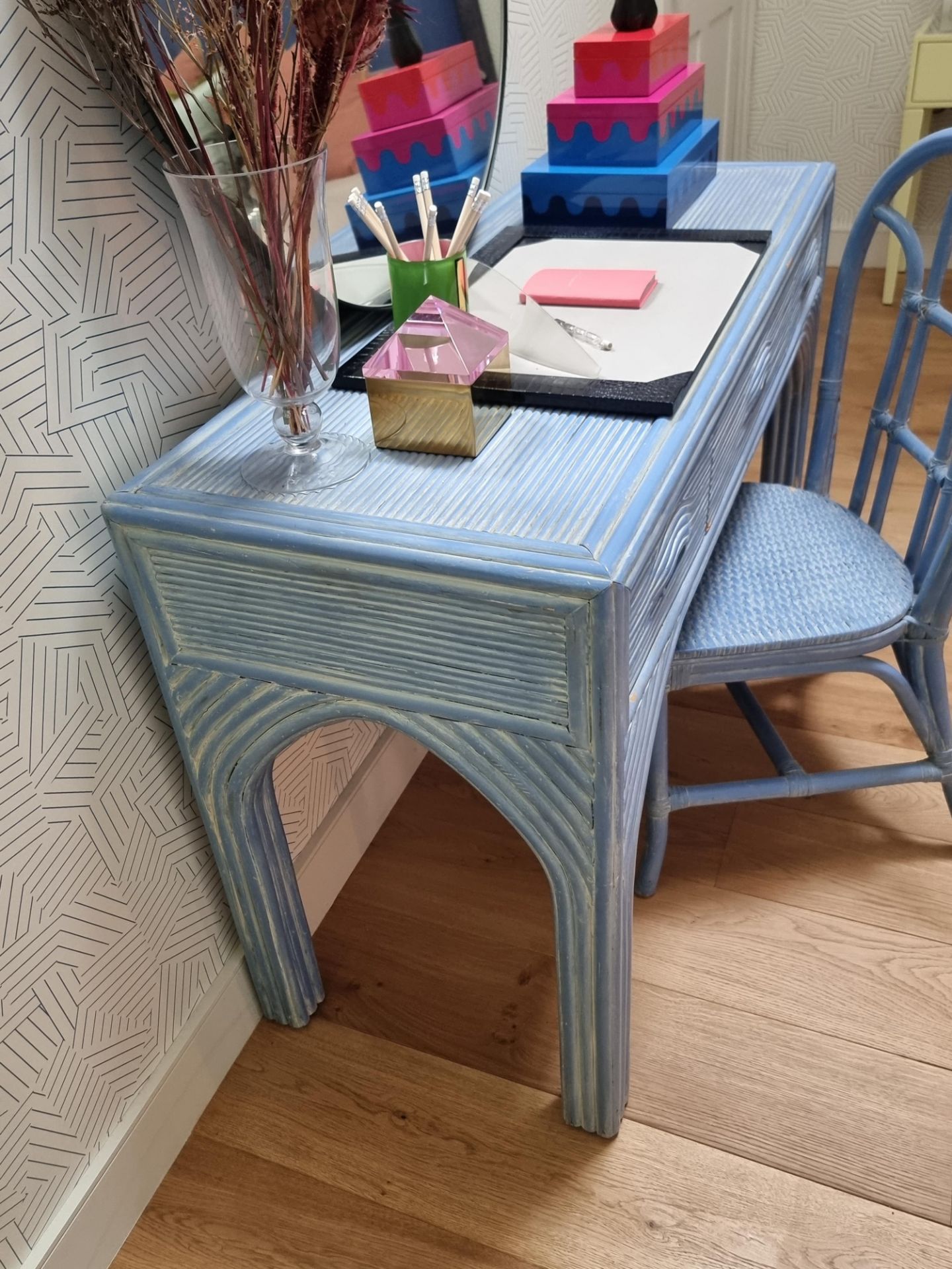 Vintage 1980s French blue desk and chair the desk with three drawers and overall finished in a