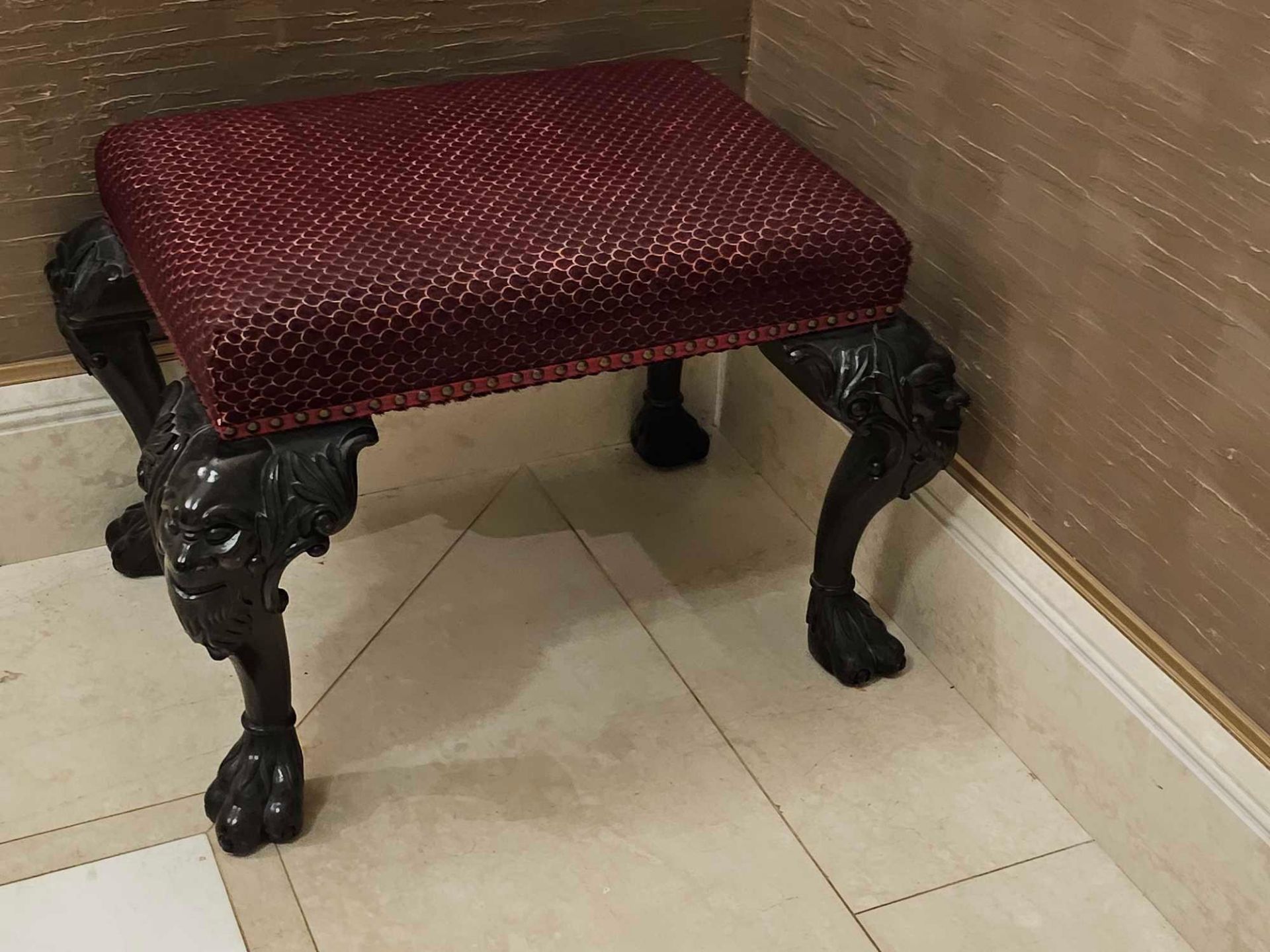 A Pair of Hall Bench Upholstered Red Seat Pad With Nail Head Trim On Mask Knuckle Cabriole Legs
