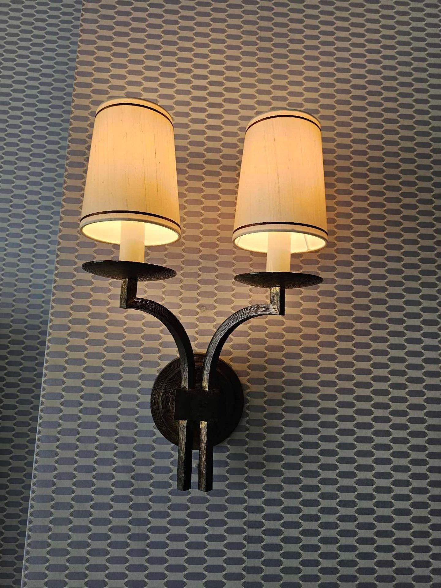 A Pair Of Dernier And Hamlyn Twin Arm Antique Bronzed Wall Sconces With Shade 51cm (Room 816) - Image 2 of 4