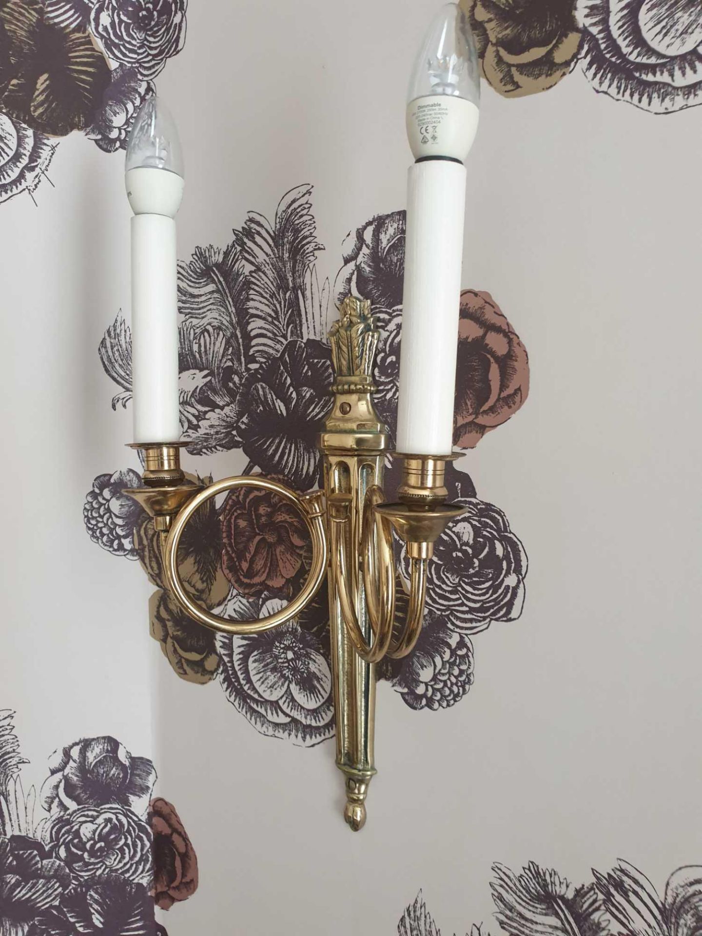 A Pair Of Dore Bronze Dore Twin Arm Wall Sconces, The Scrolling Arms With Trumpet Bobeche Drip