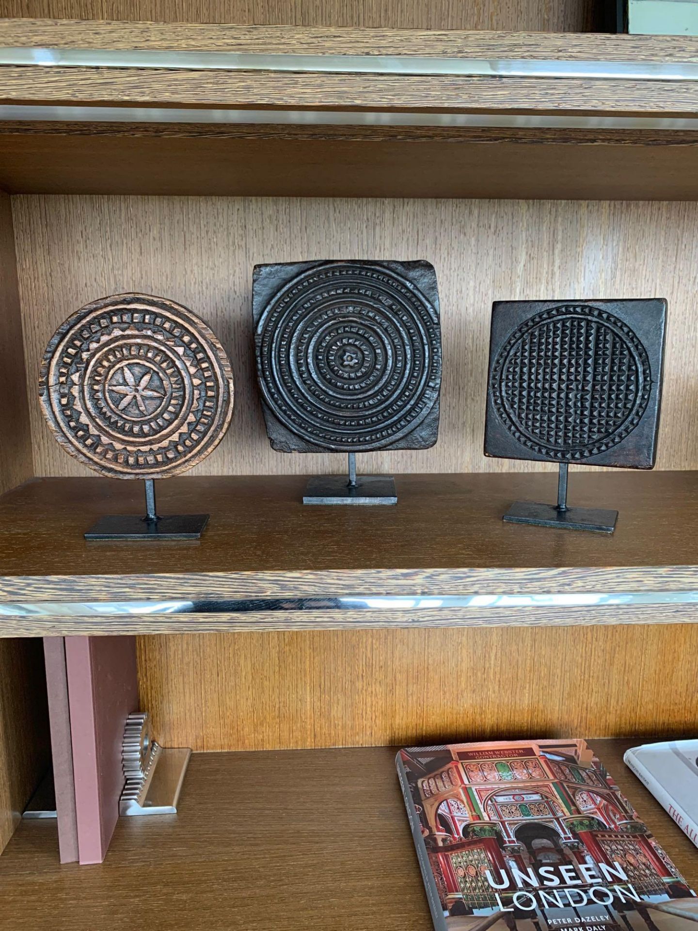 A Set Of 3 x Wood Carved Ornament Decorations On Metal Bases (Harlequin study )