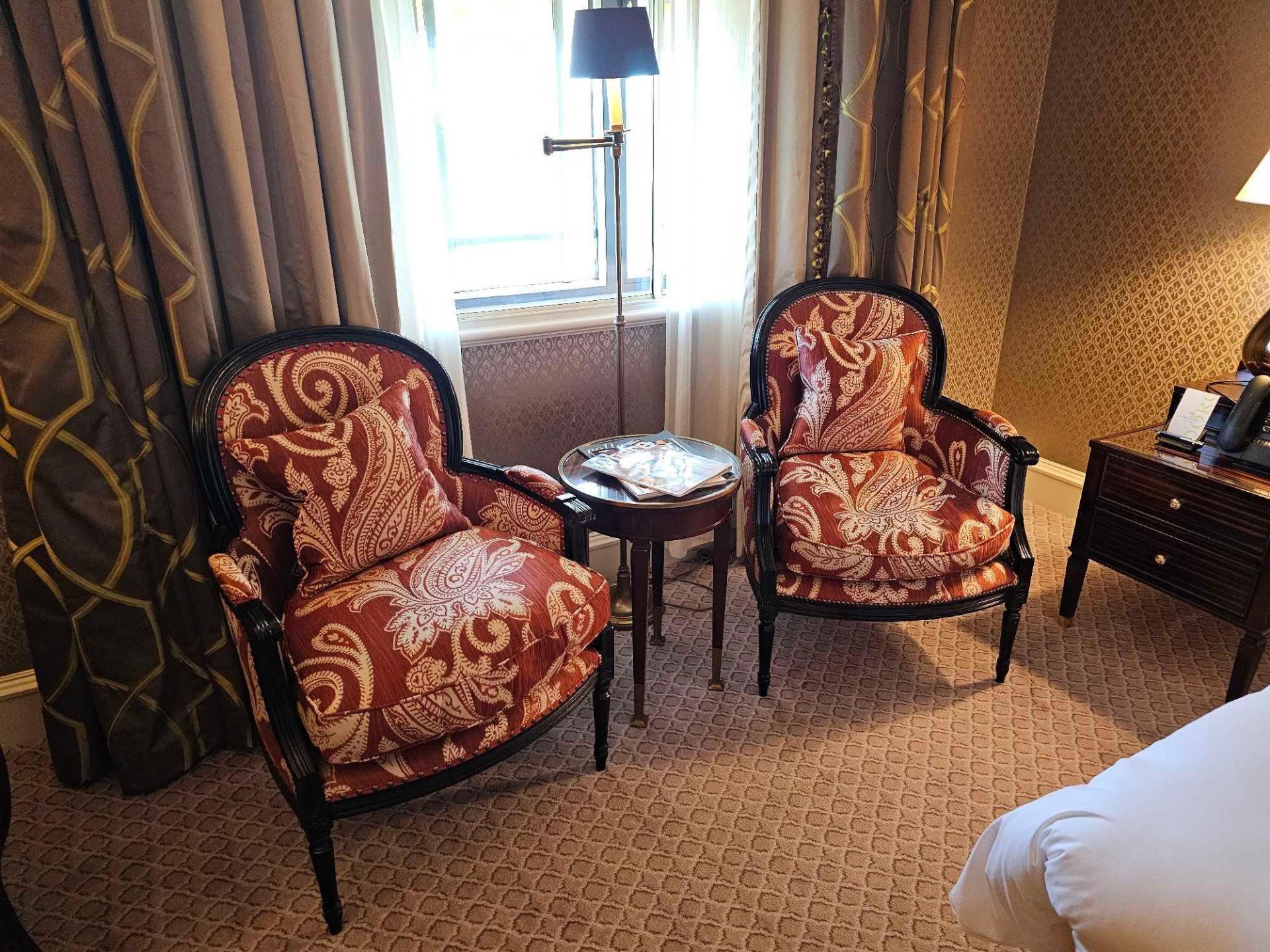 A Pair Of Bergere Chairs Black Wood Frame Upholstered In A Rust Red And Cream Damask Pattern With - Image 2 of 2