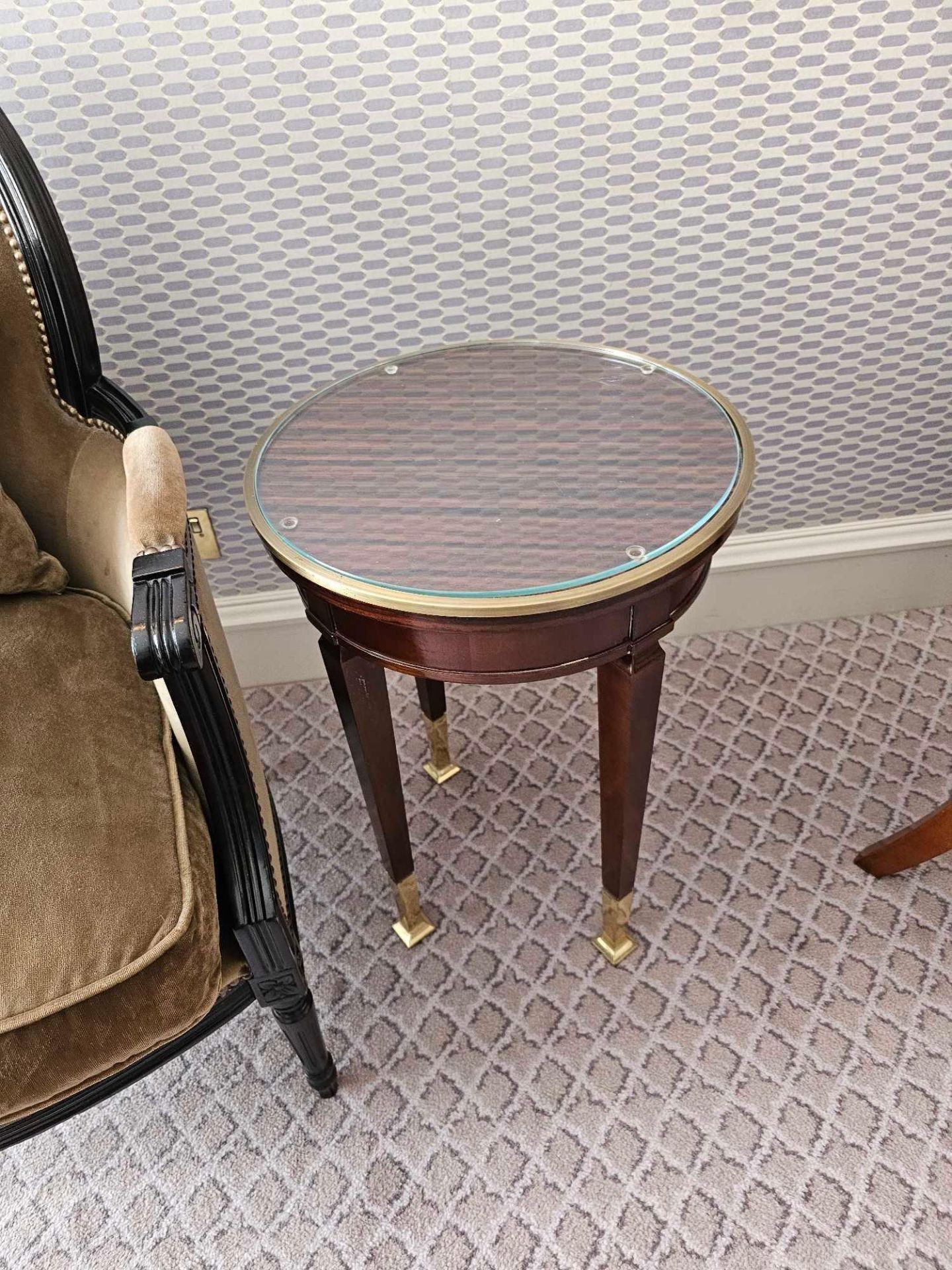 Circular Side Table With Antiqued Plate Top And Brass Trim Mounted On Tapering Legs With Brass - Image 2 of 3