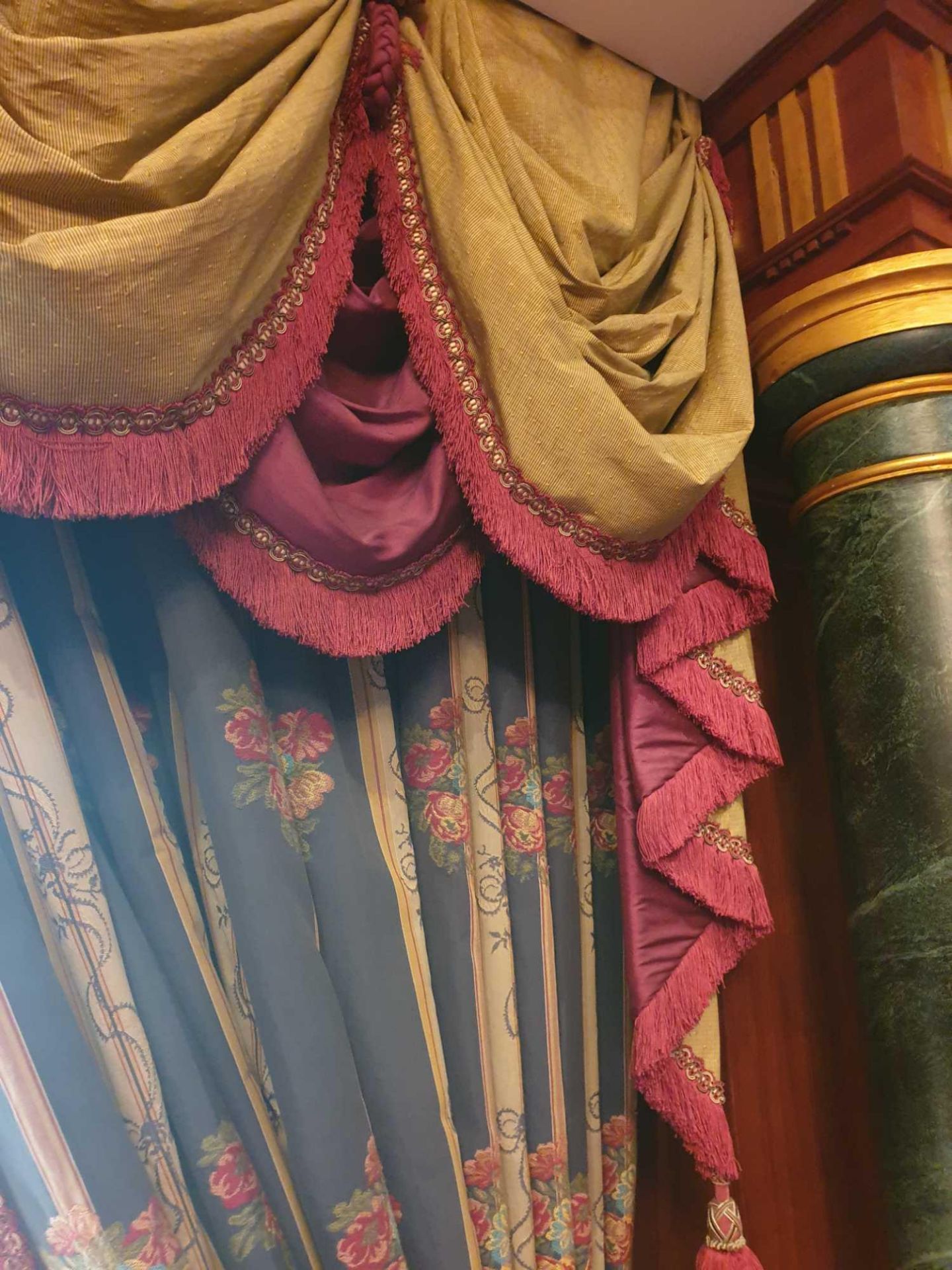 A Pair Of Silk Drapes Jabots And Swags Green And Gold Floral Curtains With A Red Frill Trim And - Image 3 of 3