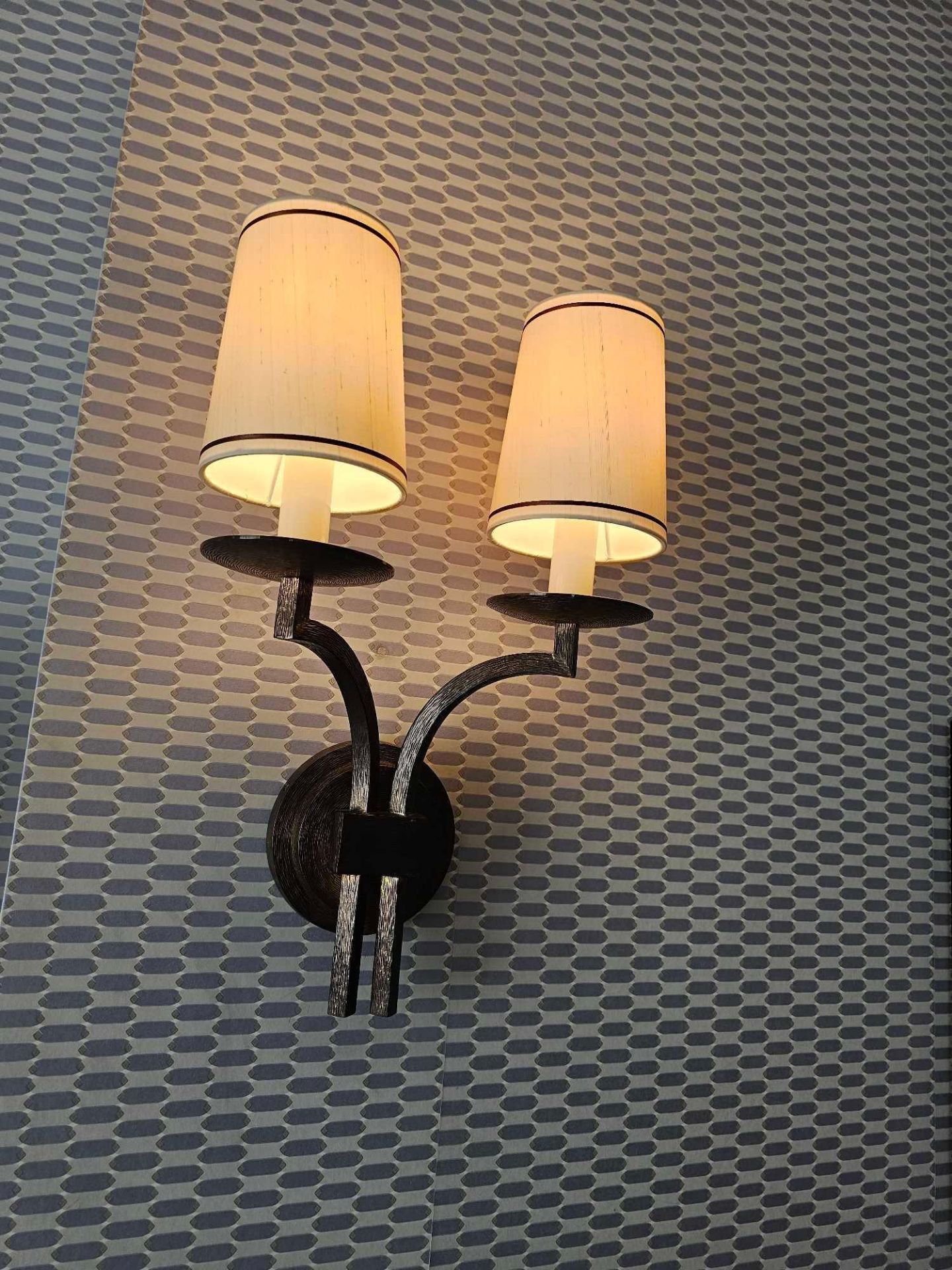A Pair Of Dernier And Hamlyn Twin Arm Antique Bronzed Wall Sconces With Shade 51cm (Room 816) - Image 3 of 4