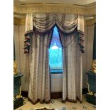 A Pair Of Cream Silk Drapes With Swags And Jabots In Gold Green And Pink Detail With Tassels And