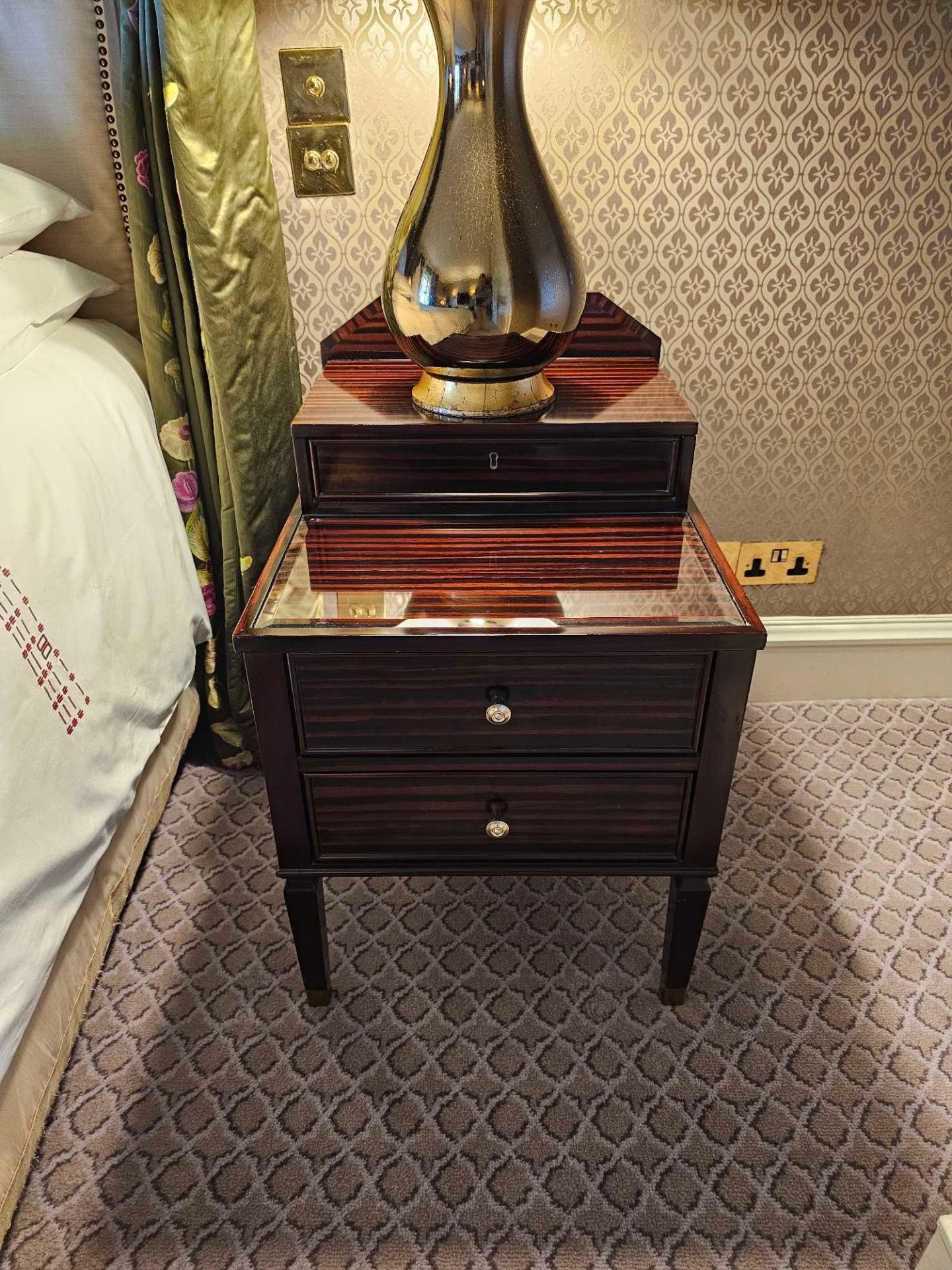 A Pair Of Two Tier Bedside Nightstands With Antiqued Plate Top With Storage Compartments Mounted - Image 3 of 3