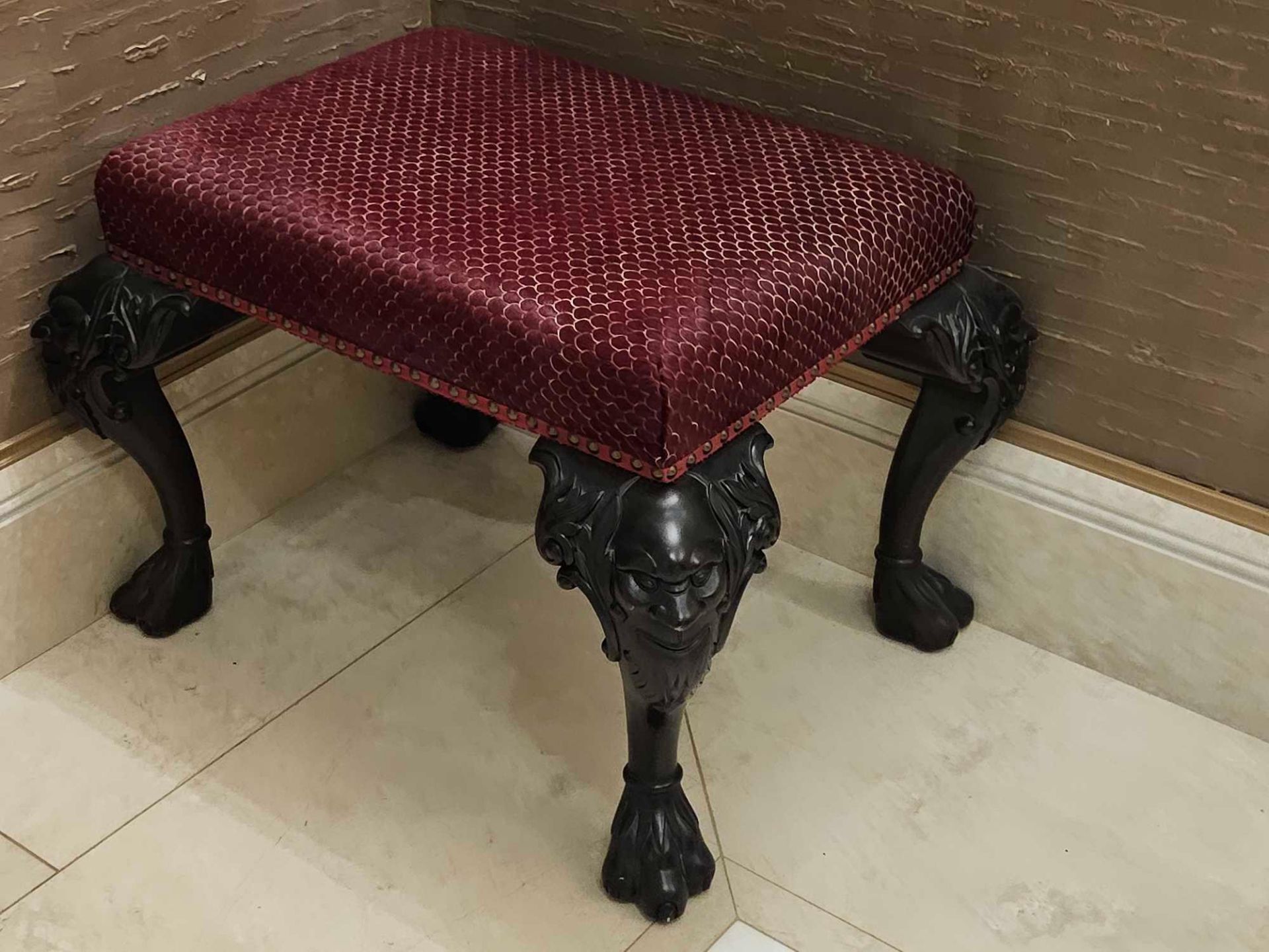 A Pair of Hall Bench Upholstered Red Seat Pad With Nail Head Trim On Mask Knuckle Cabriole Legs - Image 6 of 8