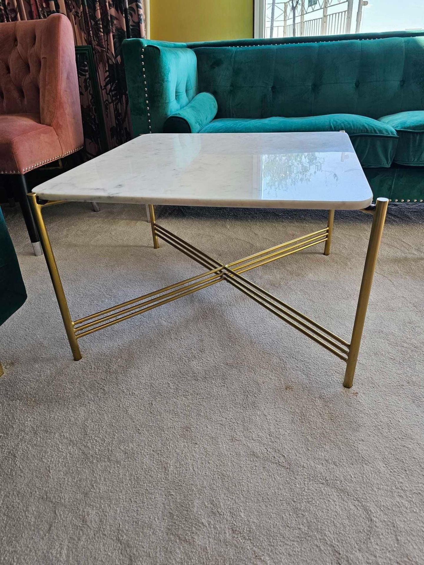 A marble top art deco style coffee table on bronzed metal frame base 68 x 68 x 44cm (Dorchester