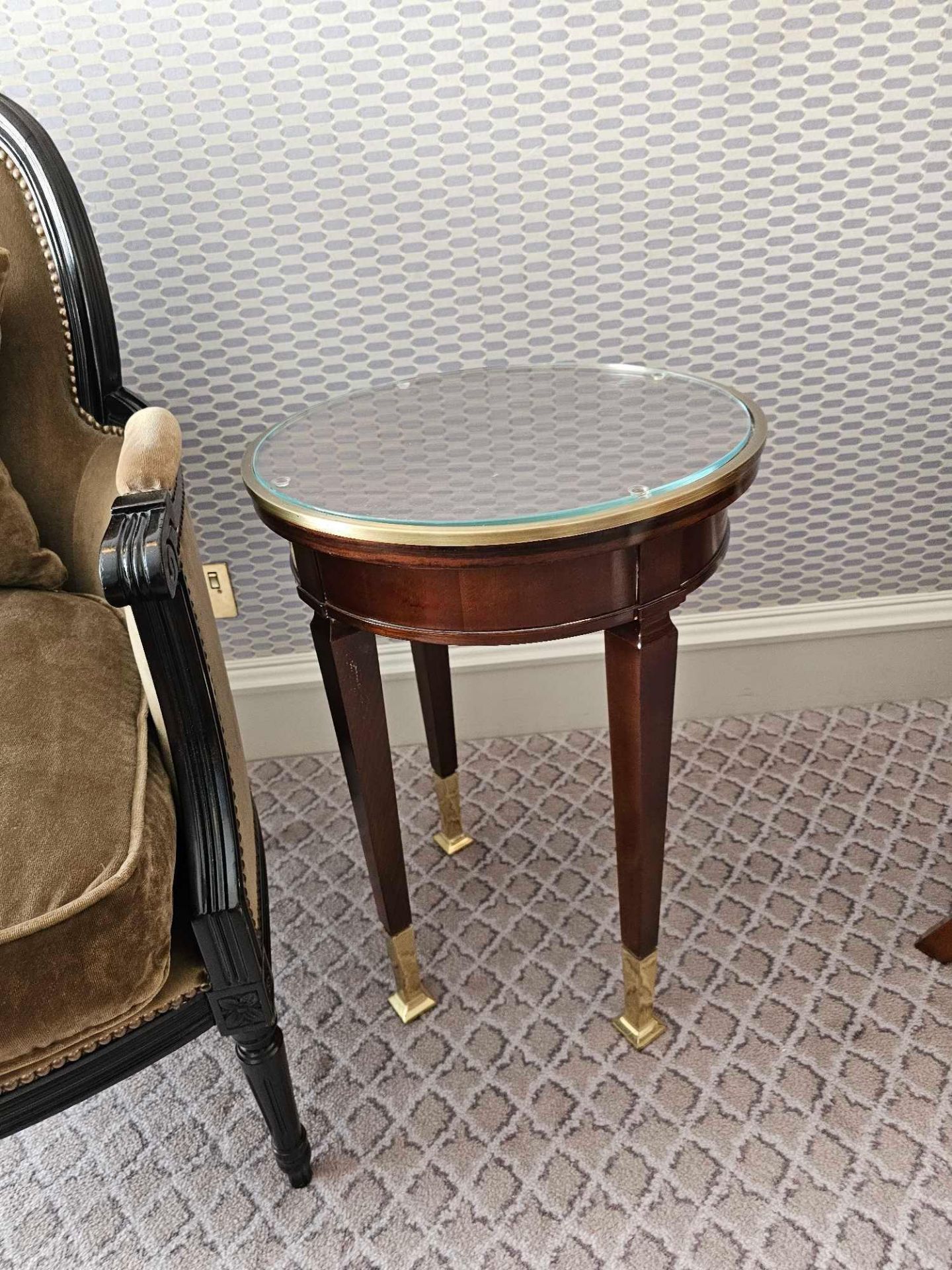 Circular Side Table With Antiqued Plate Top And Brass Trim Mounted On Tapering Legs With Brass