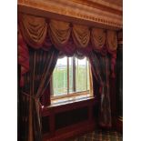 A Pair Of Silk Drapes Jabots And Swags Green And Gold Floral Curtains With A Red Frill Trim And