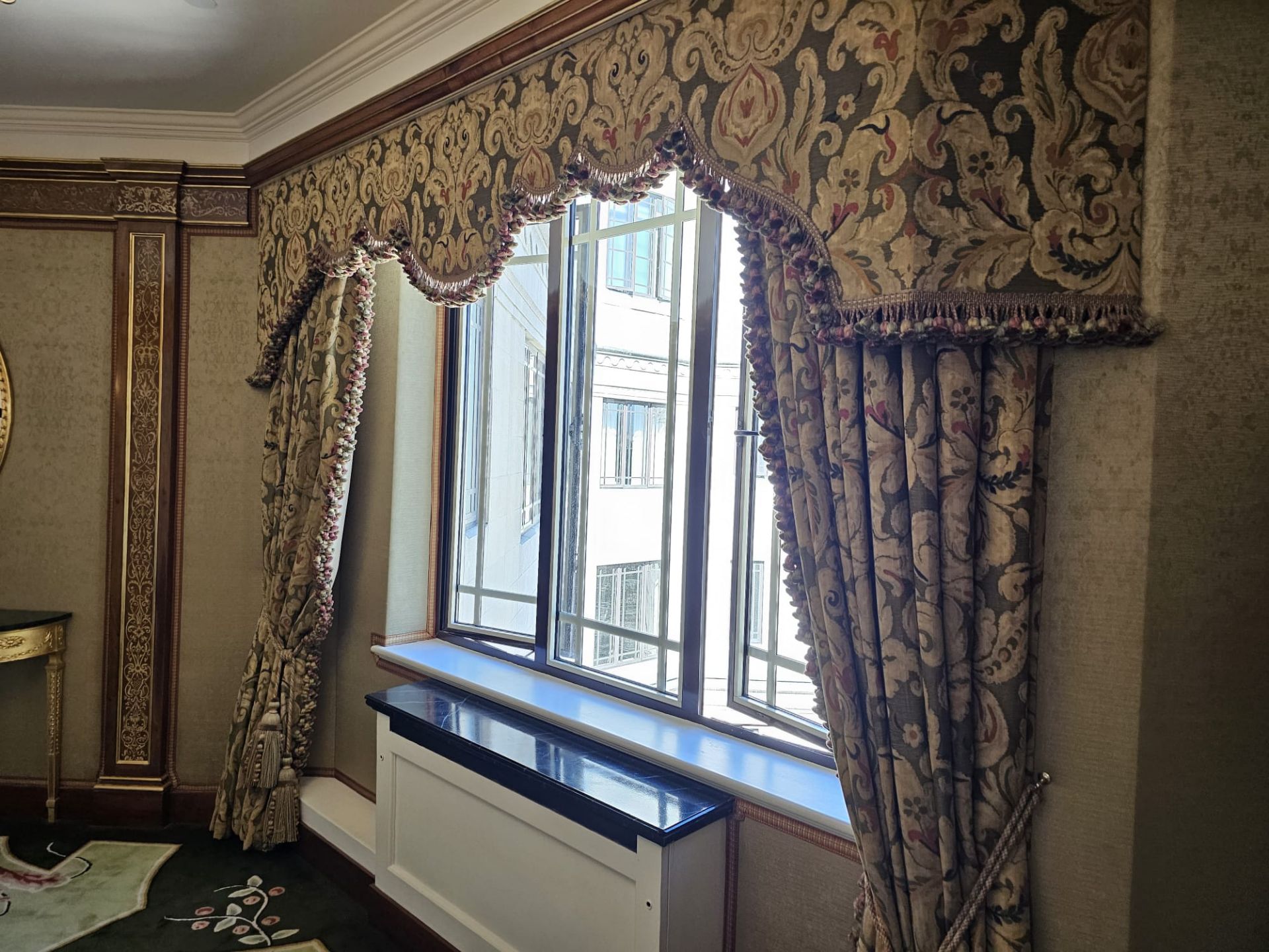 A Pair Of Fully Lined Floral Patterned Heavy Drapes The Fabric In Green And Beige Complete With