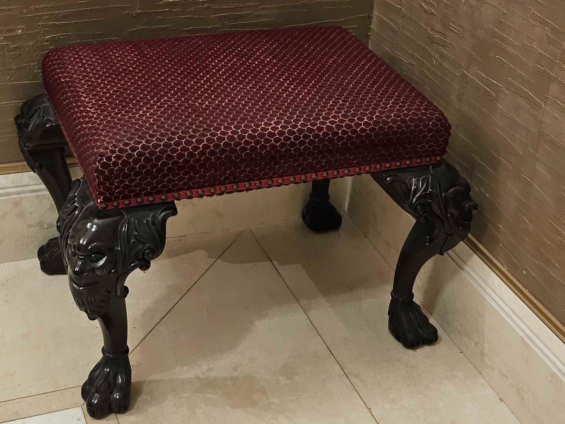 A Pair of Hall Bench Upholstered Red Seat Pad With Nail Head Trim On Mask Knuckle Cabriole Legs - Image 4 of 8