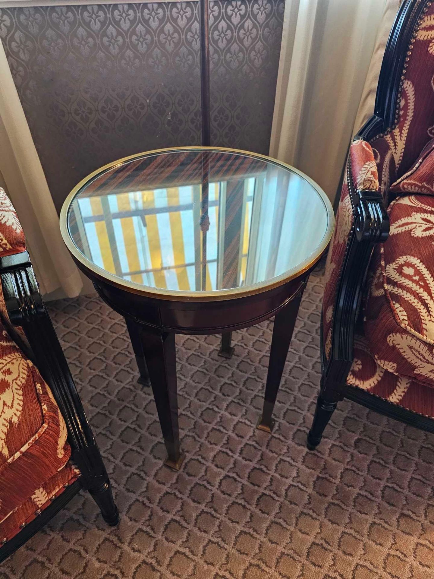 Circular Side Table With Antiqued Plate Top And Brass Trim Mounted On Tapering Legs With Brass - Image 2 of 3