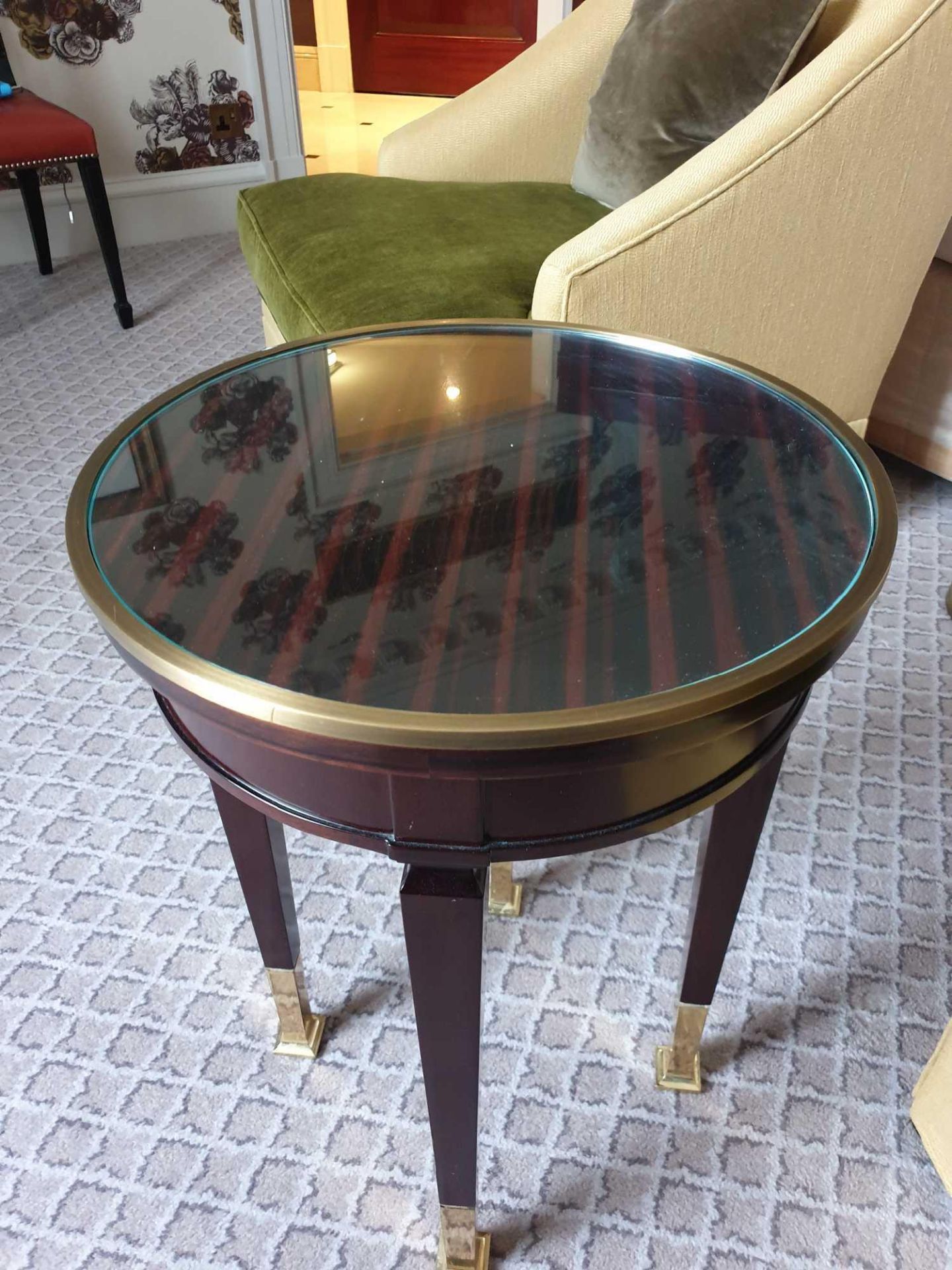 Circular Side Table With Antiqued Plate Top And Brass Trim Mounted On Tapering Legs With Brass - Image 2 of 2