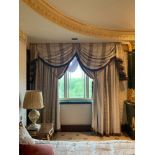 A Pair Of Cream Silk Drapes With Swags And Jabots In Gold Green And Pink Detail With Tassels And