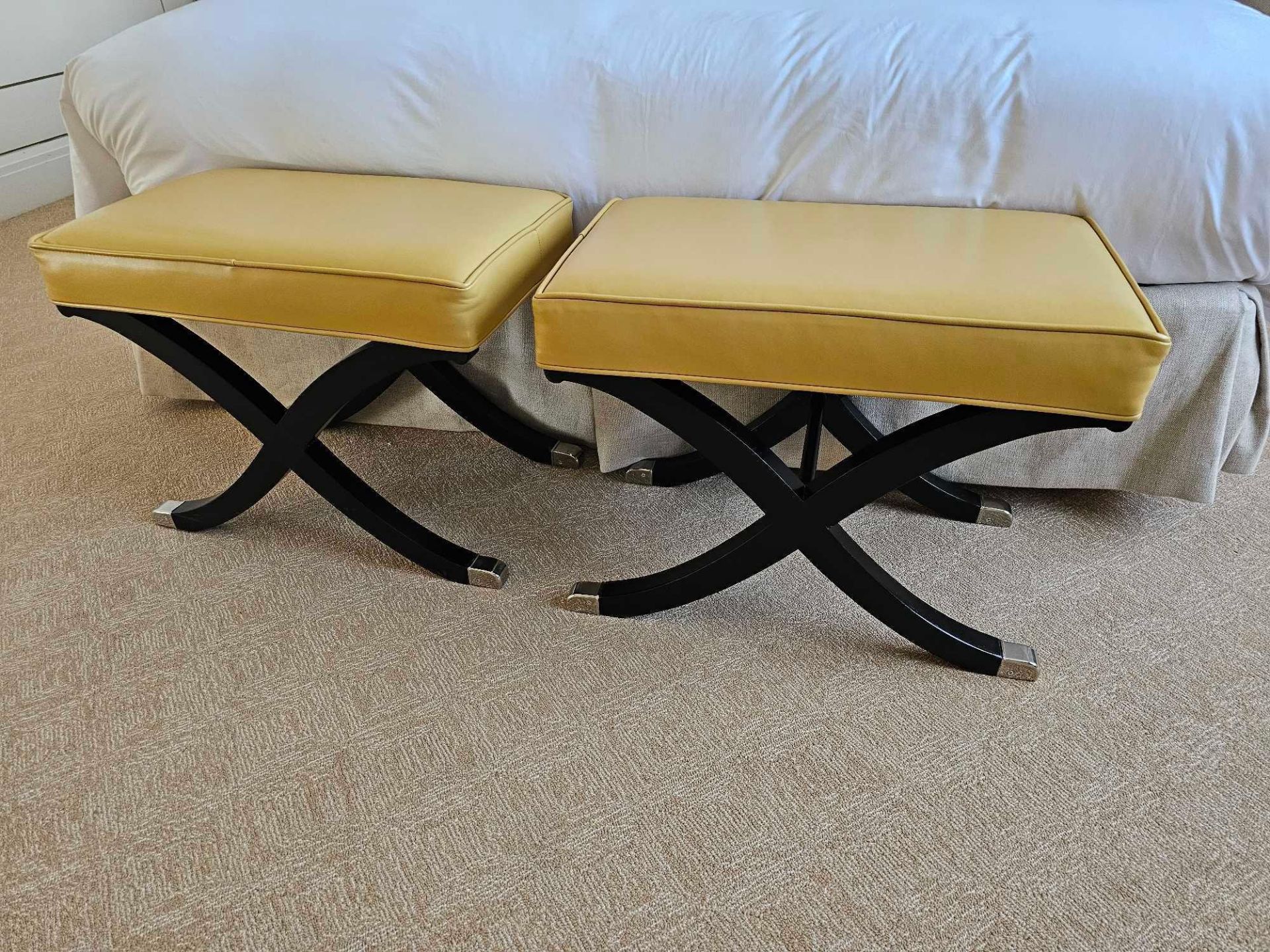 A Pair of Leather Stools taking inspiration from the design of Andre Arbus these caramel leather - Image 3 of 3