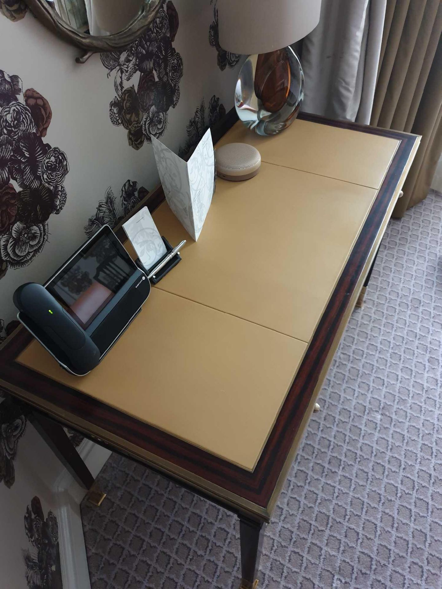 Writing Desk High Gloss Ebony Wood With Tooled Leather Inlay Faux Central Drawer Flanked By Single