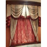 A Pair Of Cream Silk Drapes With Swags And Jabots In Gold Green And Pink Detail With Tassels And