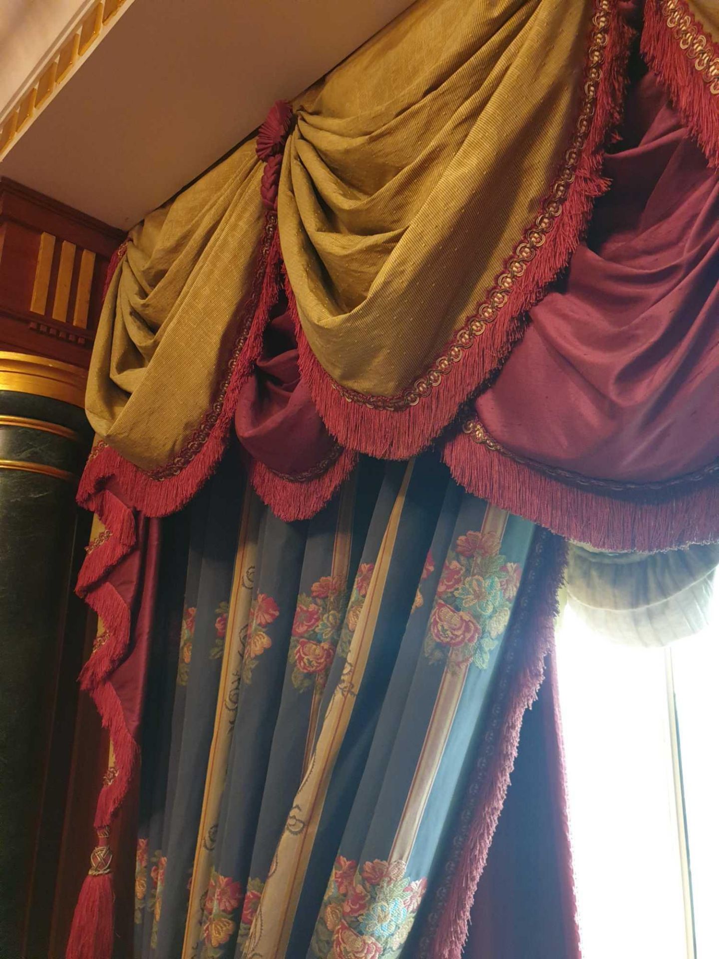 A Pair Of Silk Drapes Jabots And Swags Green And Gold Floral Curtains With A Red Frill Trim And - Image 2 of 3