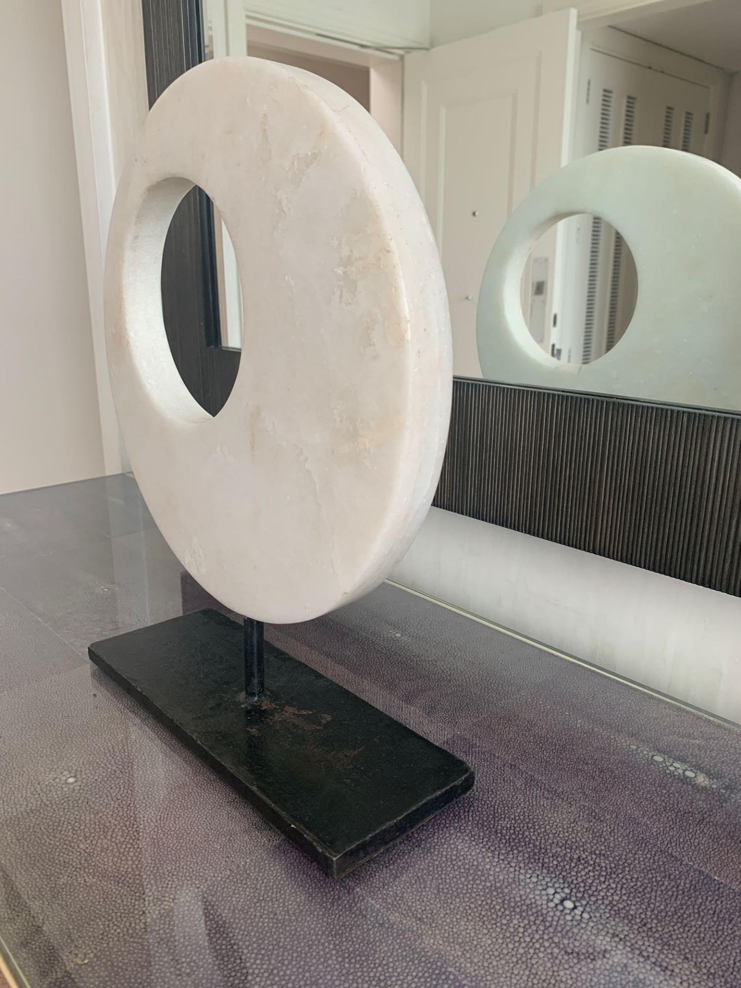White Marble Disc Shaped Ornamental Sculpture With Hole On Metal Base (Harlequin hallway ) - Image 2 of 2