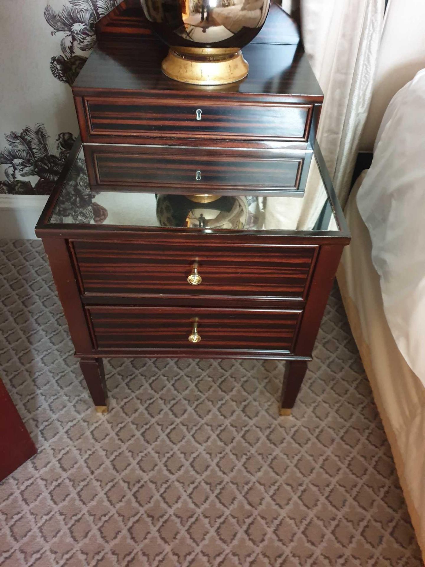 A Pair Of Two Tier Bedside Nightstands With Antiqued Plate Top With Storage Compartments Mounted - Image 2 of 2