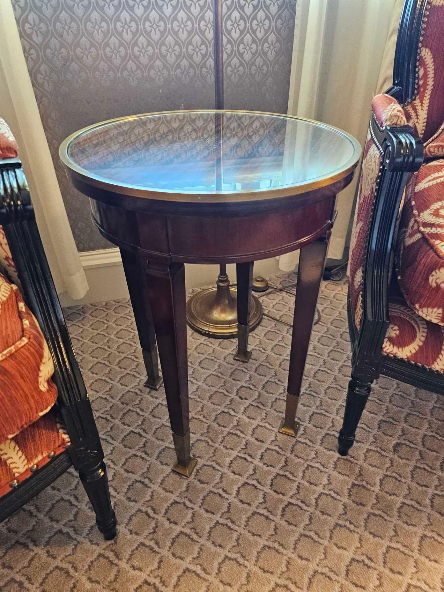 Circular Side Table With Antiqued Plate Top And Brass Trim Mounted On Tapering Legs With Brass - Image 3 of 3