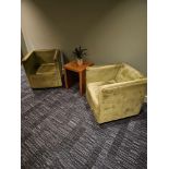 A set of 2 x Tuxedo style club chairs upholstered in a contract green fabric with fixed back and