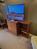 A breakfront cherrywood oak finish four drawer console dresser with glass protective top 190 x 50