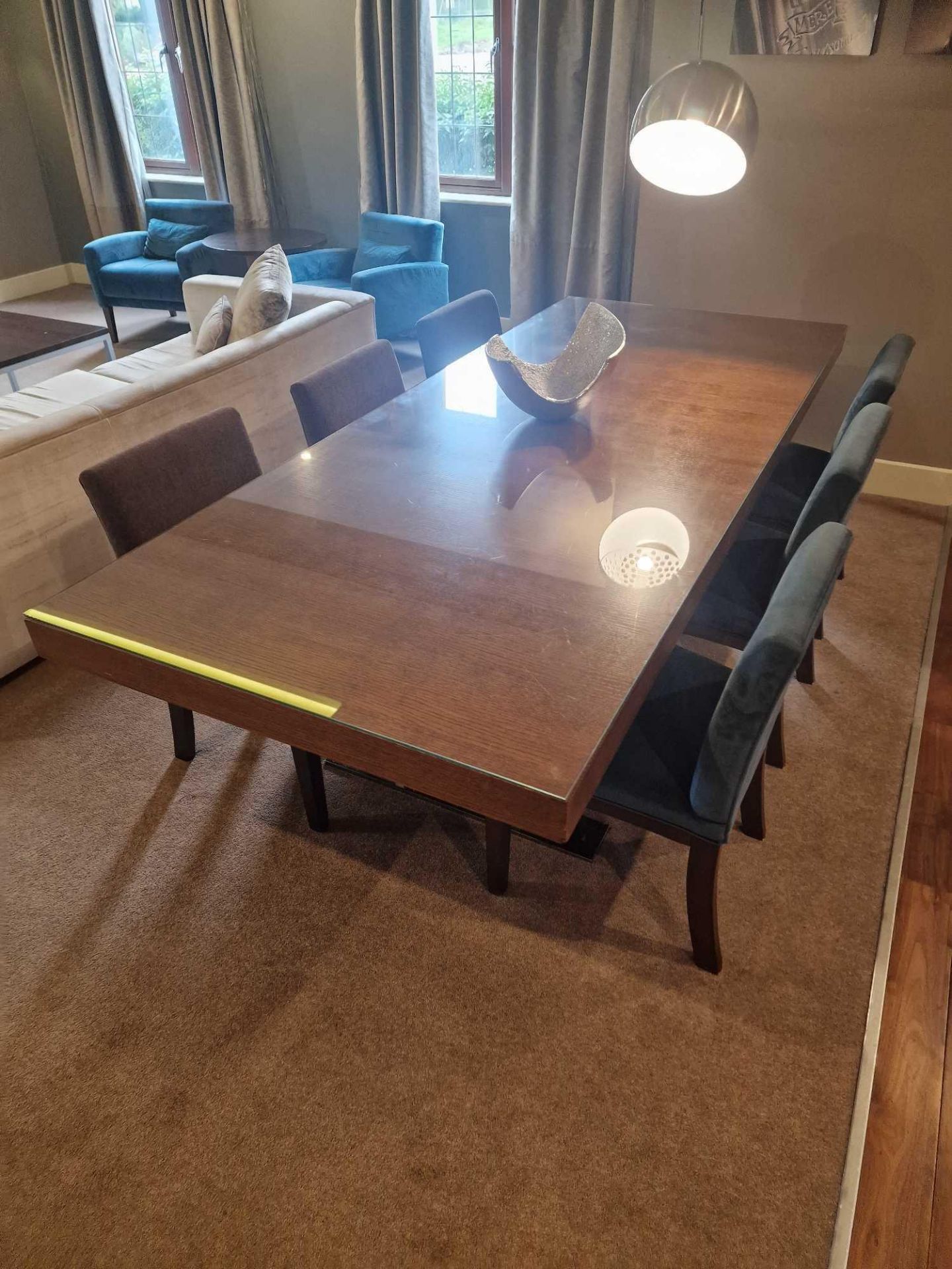 A contemporary dining table on steel base legs complete with 6 x dining chairs 240 x 100 x 75cm ( - Image 2 of 3