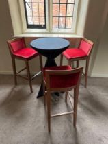 A metal poster table 60 x 104cm complete with 3 x wood framed upholstered bar stools 43 x 43 x 100cm