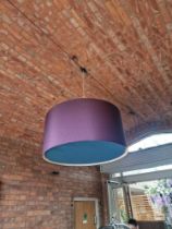 A large fabric mauve light pendant shade with diffuser 40cm diameter x 150cm drop approximately (