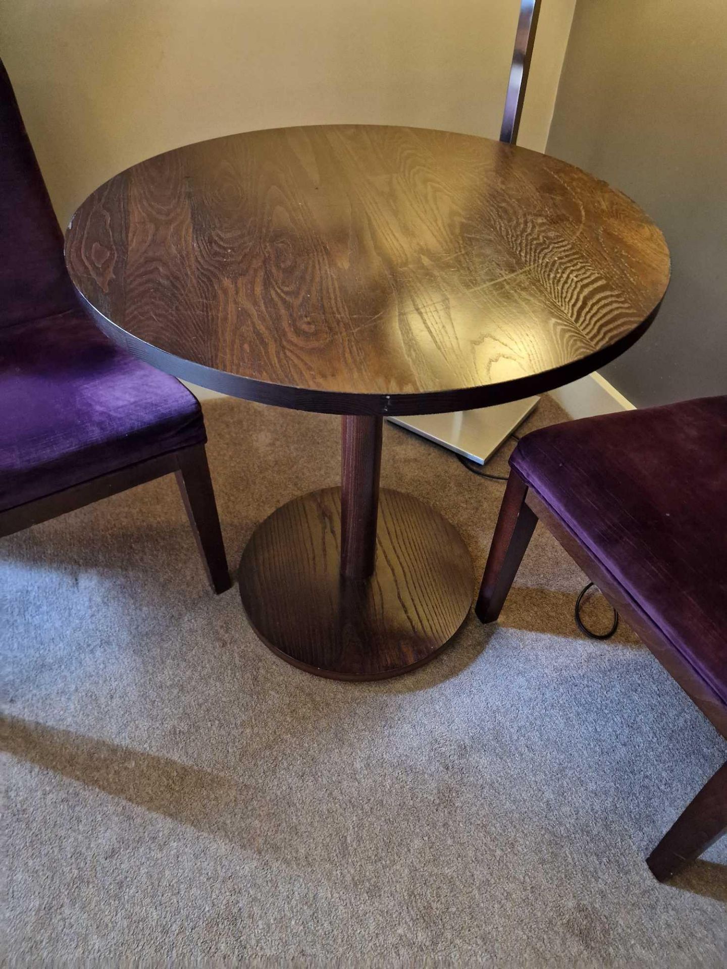 Circular occasional table finished in oak with pedestal mount 70cm diameter x 73cm tall complete - Image 2 of 4