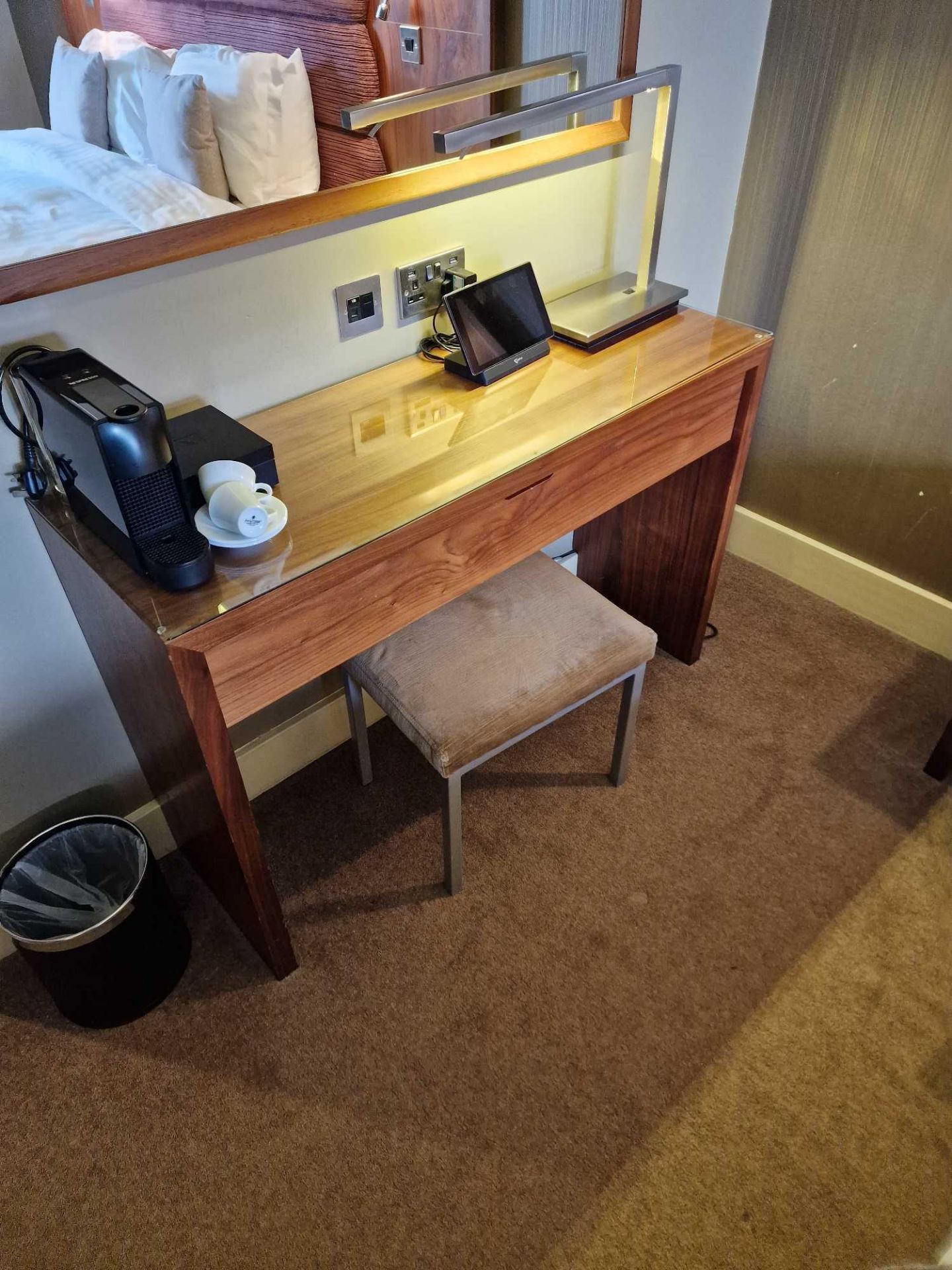 Console table with single drawer finished in oak stained cherrywood waterfall style design 120 x